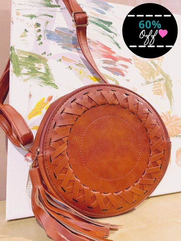Round Crossbody Bag with Tassel In Brown
