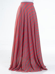 Celine Long Flared Skirt in Gray and Coral Stripes